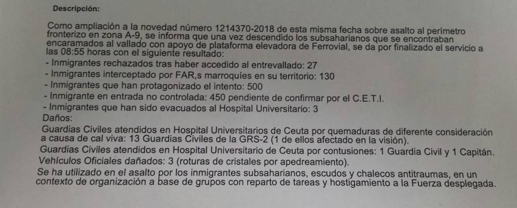 Parte oficial del último asalto a la valla de Ceuta