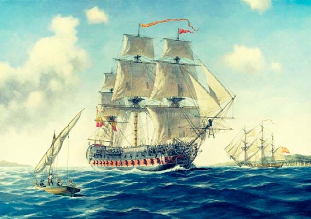 Buque de guerra ondea la bandera de España