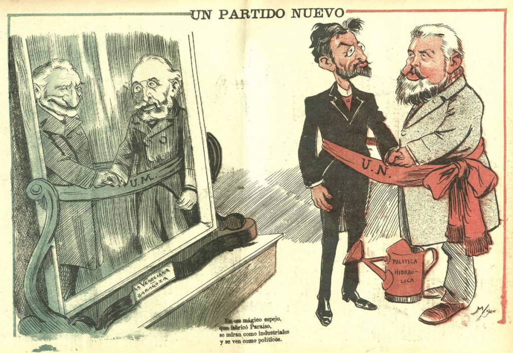Un partido nuevo, caricatura publicada el 7 de marzo de 1900 en Gedeón, que hace referencia a la formación de la Unión Nacional y en la que aparecen representados Basilio Paraíso y Joaquín Costa.