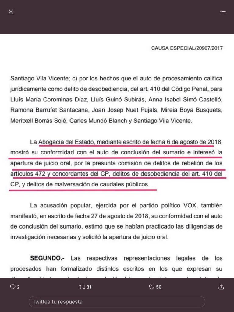 Aunque no se produjo una calificación de penas de cara a la apertura del juicio oral, la opinión de la Abogacía del Estado era esta al cierre de la instrucción.