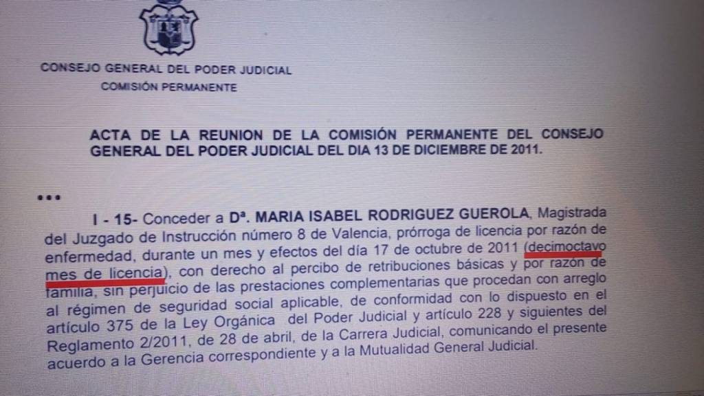 Acta del Consejo General del POder Judicial por la que concede prórroga de licencia por razón de enfermedad a María Isabel Rodrígue Guerola