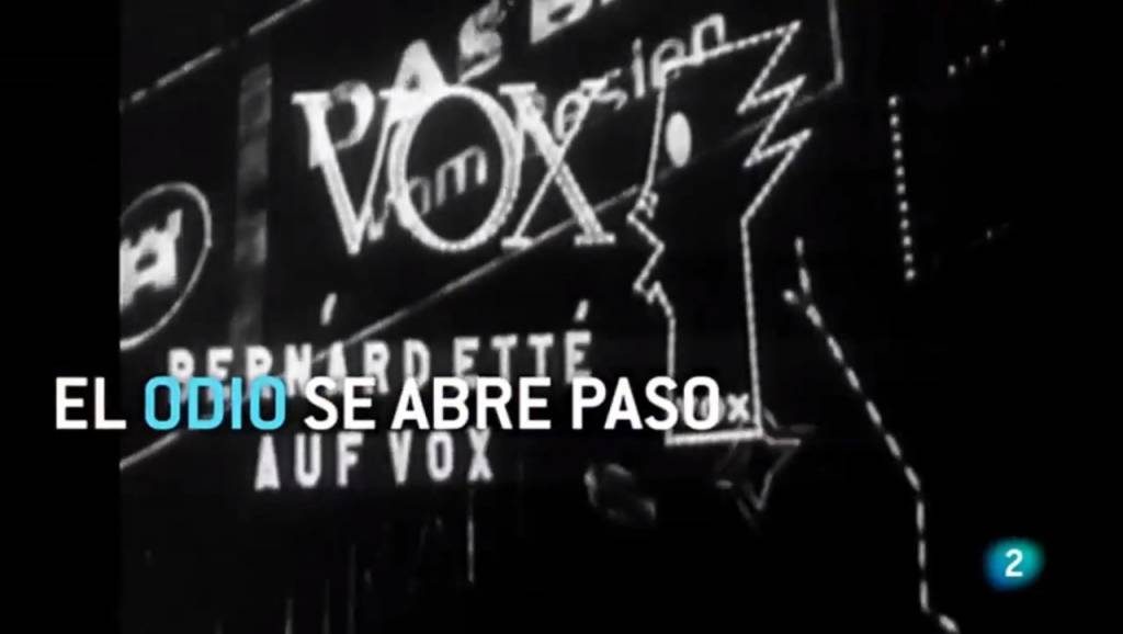 TVE cuela un letrero con la palabra "VOX" en un reportaje sobre el nazismo. La Ley General de Comunicación Audiovisual 7/2010 prohíbe la publicidad subliminal en su articulo 18.3, ya sea con fines económicos o de naturaleza politica. Considerándolo una infracción grave, sancionadas con multa de 100.001 euros hasta 500.000 euros en el articulo 60.2.