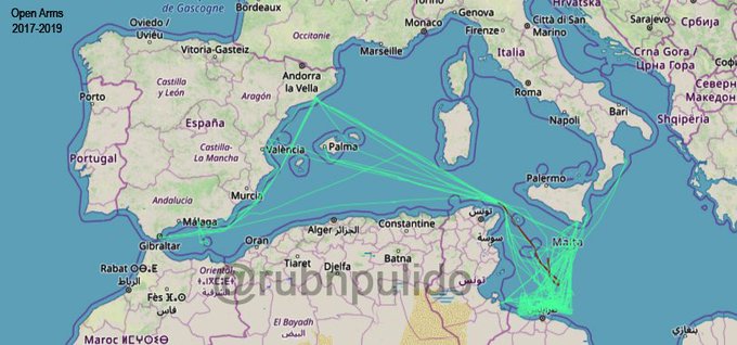 Esta imagen forma parte de dos años de recorrido del Open Arms. Un resumen de todas sus trayectorias analizadas con @MarineTraffic . La intensidad de color muestra las zonas más frecuentadas. Por Rubén Pulido