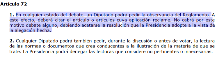 Artículo 72 del reglamento del Congreso