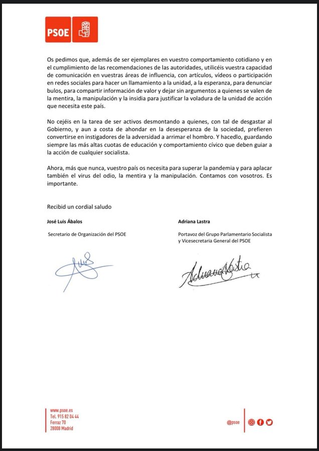 Circular del PSOE firmada por Ábalos y Lastra