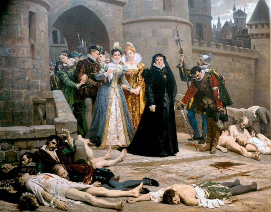 Una mañana a las puertas del Louvre, pintura de Edouard Debat-Ponsan, del siglo XIX. Catalina de Médici aparece vestida de negro.