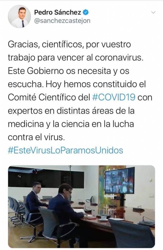 tuit de Pedro Sánchez el mentiroso compulsivo sobre el falso comité de expertos