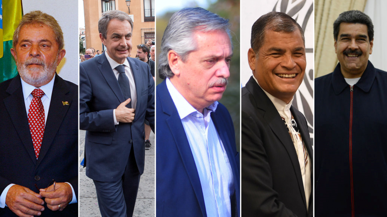 Fotos de archivo, de izquierda a derecha: expresidente de Brasil Lula da Silva (foto de Gil Cohen Magen - Pool/Getty Images); expresidente del Gobierno español Jose Luis Rodriguez Zapatero (foto de Paolo Blocco/Getty Images); candidato a la presidencia argentina Alberto Fernández (DANTE FERNANDEZ/AFP/Getty Images); expresidente de Ecuador Rafael Correa (ANGELA WEISS/AFP/Getty Images); dictador venezolano Nicolás Maduro (foto de Matias Delacroix/Getty Images)