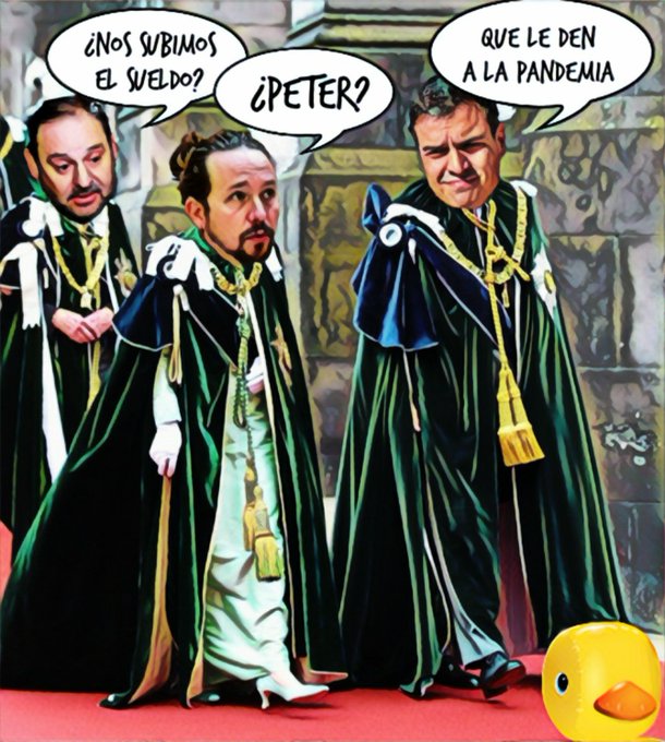 Se suben el sueldo y nos lo bajan a los demás con las mascarillas obligatorias con iva del 21 por ciento. Europa es solución. Ilustración de Linda Galmor