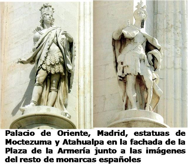 Las estatuas de Atahualpa y la de Moctezuma como reyes de la Hispanidad junto al resto de reyes de España.