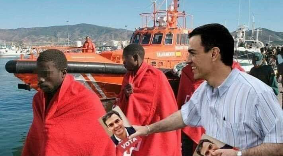 Sánchez ya tiene su propia crisis migratoria para manipular más y mejor a la opinión pública. Ilustración difundida en las redes sociales.