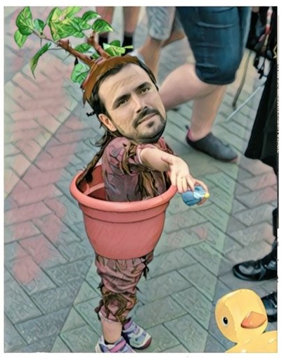 Alberto Garzón, la imagen pura de la ineptocracia, se sale del tiesto. Ilustración de Linda Galmor