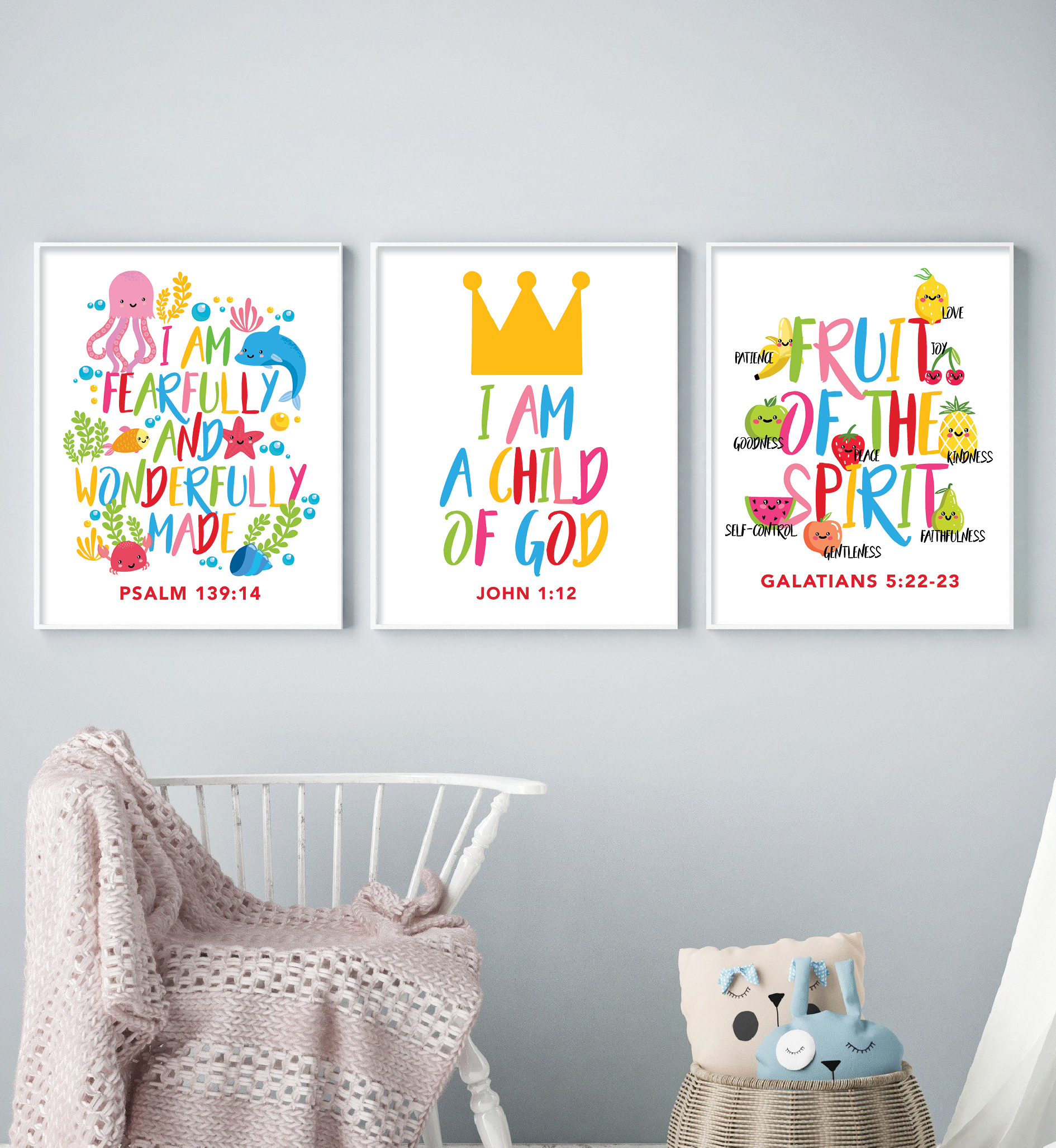 Colourful Kids Room Bible Verse Prints Set Of 3 Cheerfully Given