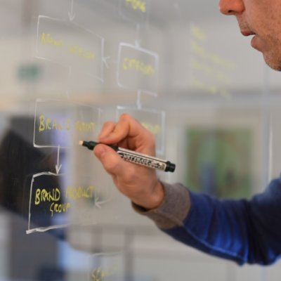 A man drawing a user journey on glass