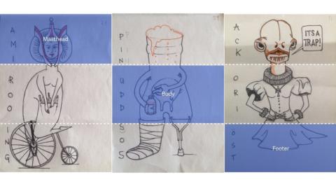 Exquisite corpse representing the masthead, body and footer of a website