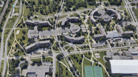 An aeriel view of the grounds of Michigan State University.