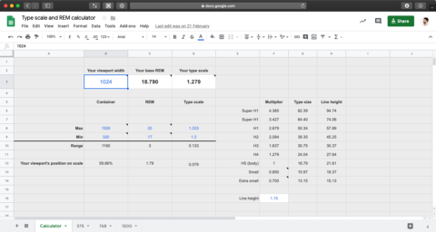Change inc Google sheet featuring a type scale.
