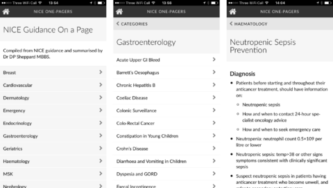 Three screenshots of the mobile app, showing homepage, categories and detail page.