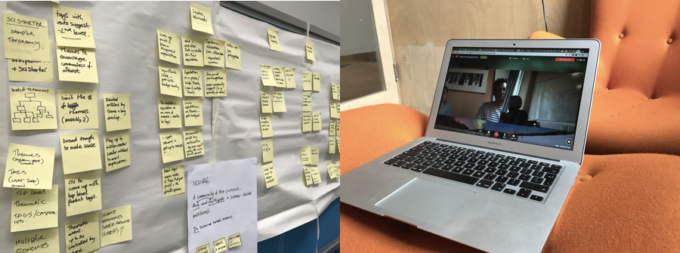 Post-it notes on a wall, and a laptop computer.