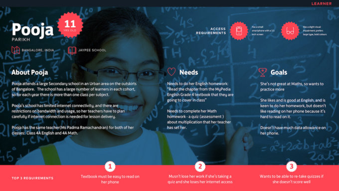 Persona scenario detailing the user's goals, needs and requirements