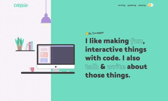 Cassie codes colourful homepage with a desk illustration