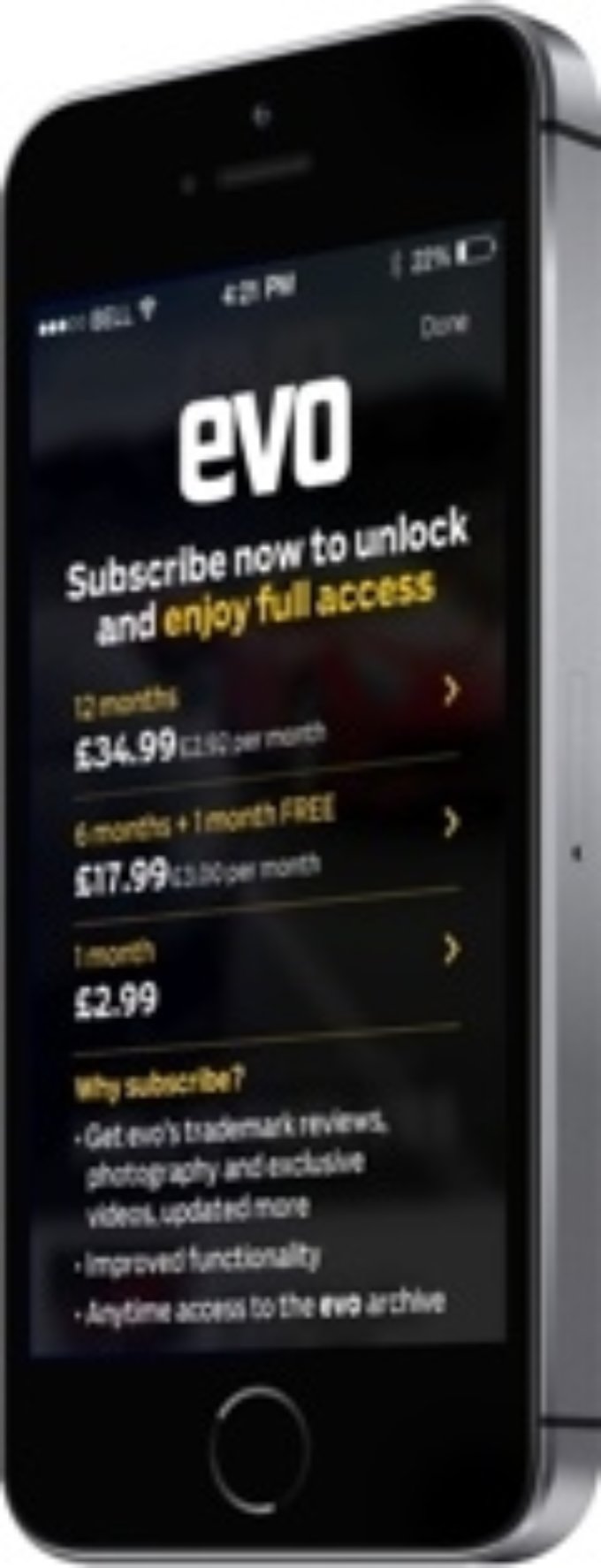 A mobile mockup of a subscription page designed for evo magazine