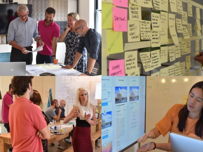 T left: A group of people in a design retrospective T right: A wall of post it notes B right: Two people reviewing a design