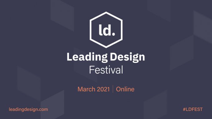 Logo and Leading Design Festival on a deep purple with a broken out the box pattern