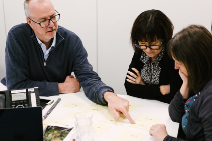 Three people gathered around a table, focusing their attention on post-it notes.