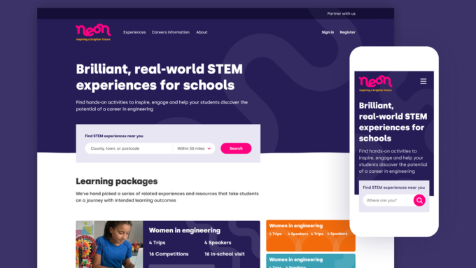 Mockups of the Neon website on desktop and mobile, showcasing the colour, typography, and iconography.
