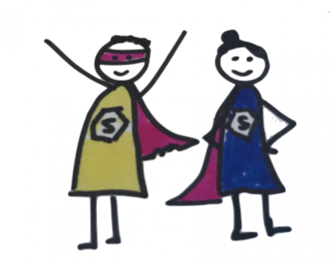 Rachel's sketch of two superheroes