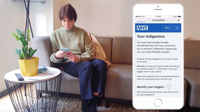A worried well patient sitting on the sofa looking at her phone. A screen showing the self treat interface