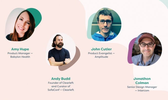 Speakers grid with Amy Hupe, Andy Budd, John Cutler, and Jonathon Colman