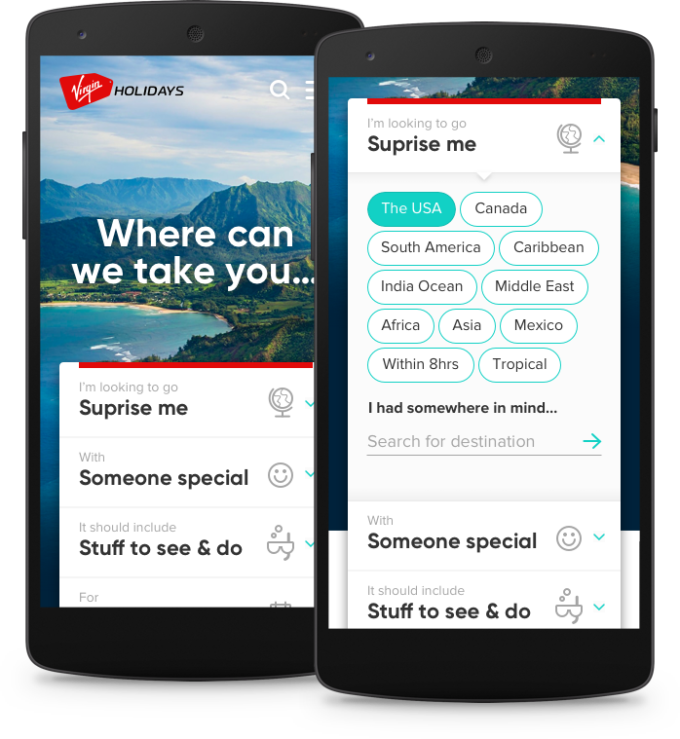 A concept for a Virgin Holidays app that helps the user choose a surprise holiday