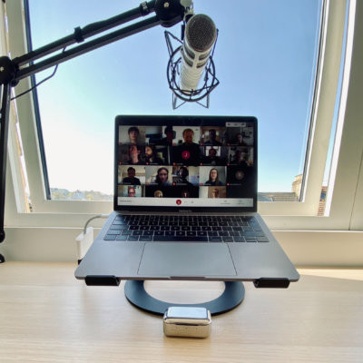 Laptop with a zoom call and microphone