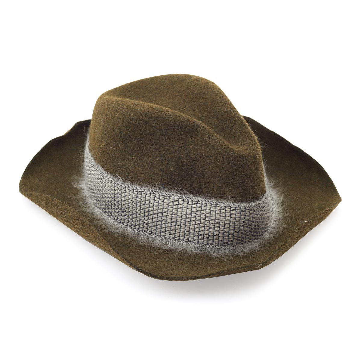 Wide brimmed khaki green hat with hatched trim