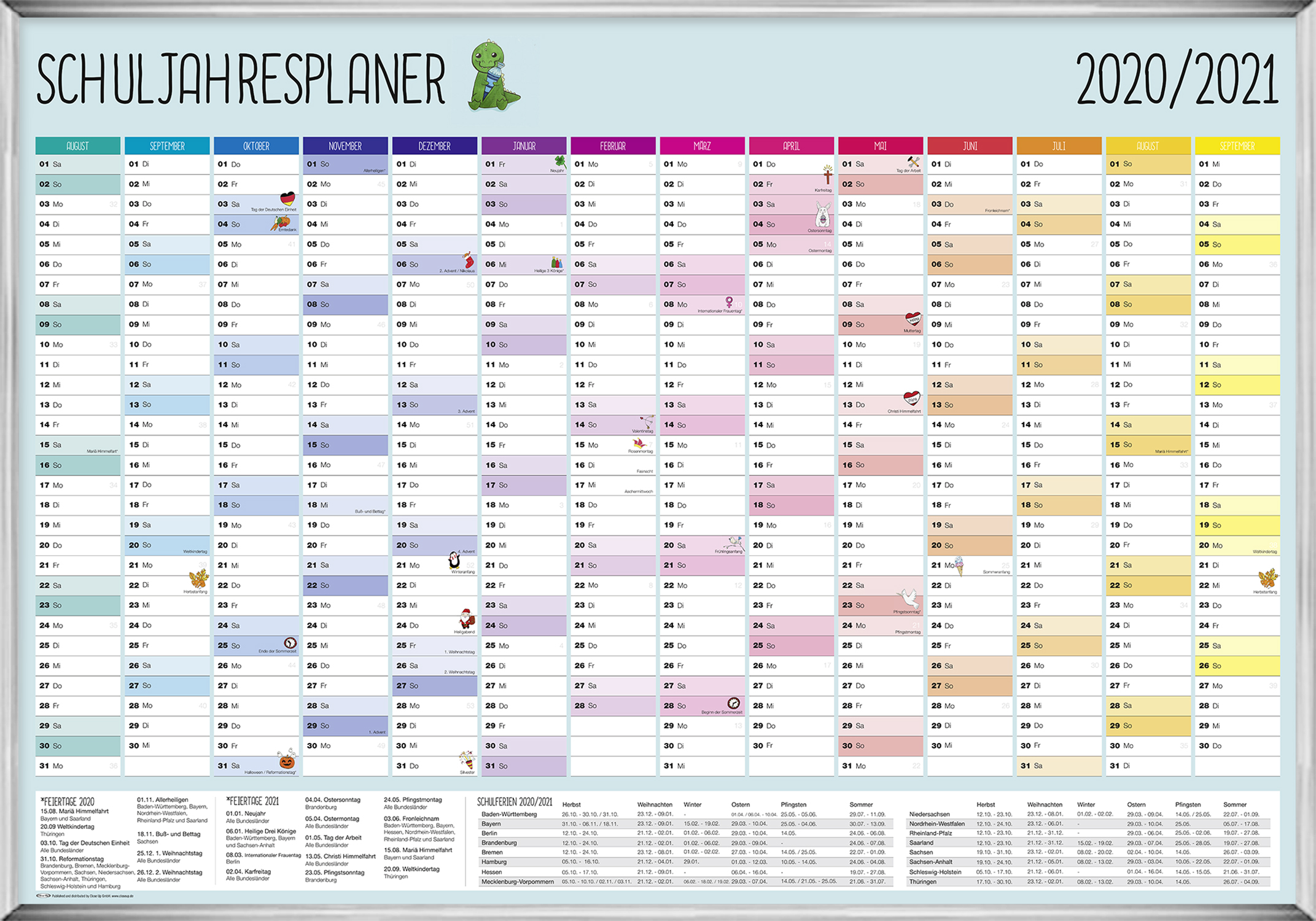 Schuljahresplaner Poster 2020/2021 100 x 70 cm Kalender Wandkalender