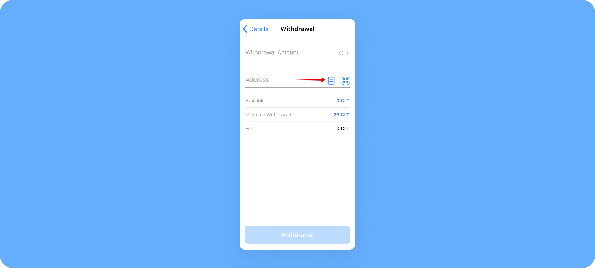 Using Address Book feature via Withdrawal form — Mobile app