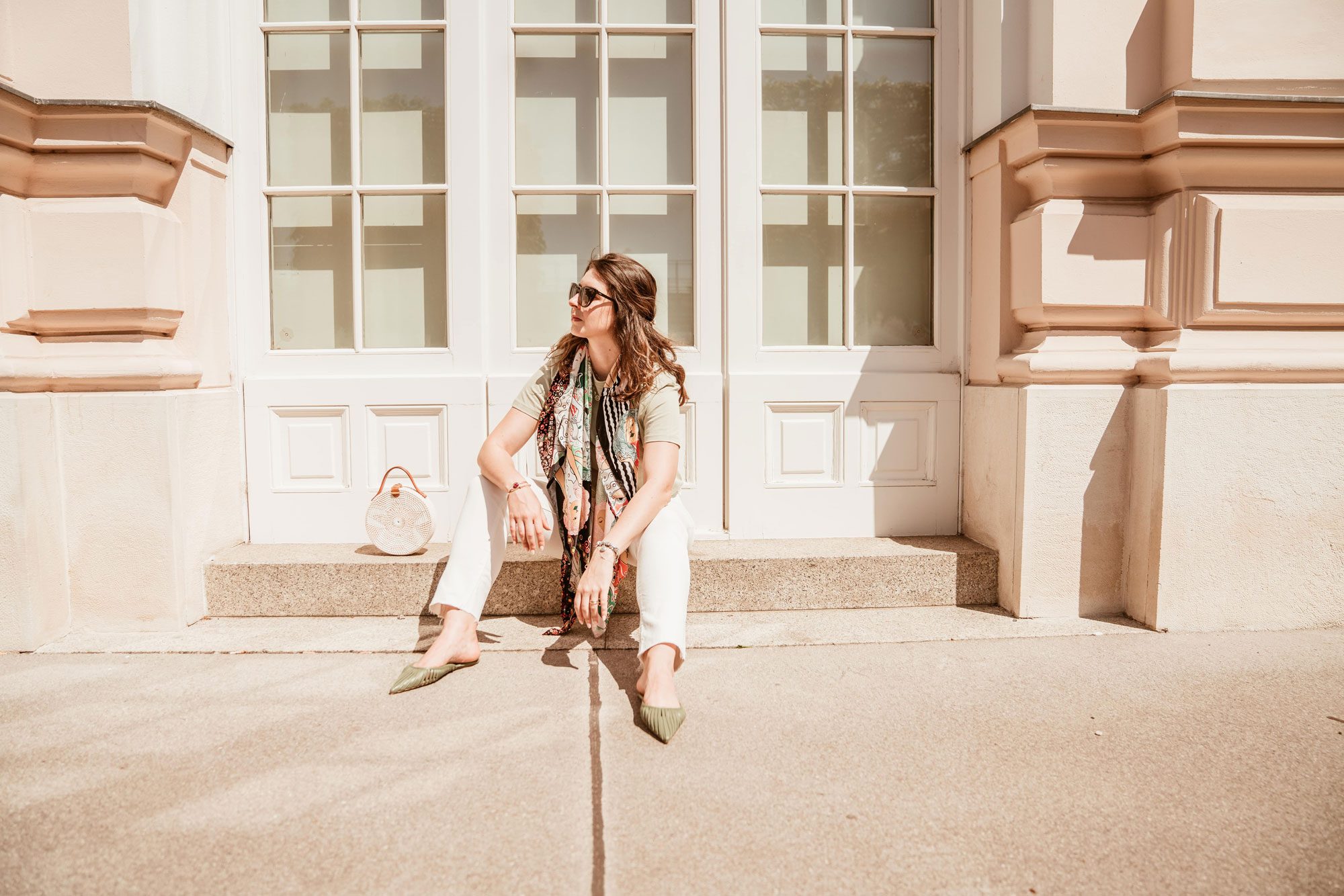 Mint and White outfit by Arara Pintada with a colorful scarf by Bimba Y Lola
