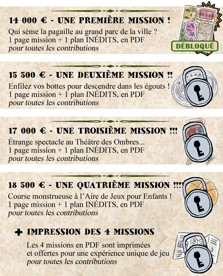 - UNE MISSION Qui sème la pagaille au grand parc de la ville ? 1 page mission + 1 plan INEDITS, en PDF pour toutes les contributions DÉBLOQUÉ - UNE MISSION Enfilez vos bottes pour descendre dans les égouts ! 1 page mission + 1 plan en PDF pour toutes les contributions 17 000 € - UNE MISSION Etrange spectacle au Théâtre des Ombres.. 1 page mission + 1 plan en PDF pour toutes les contributions 18 500 € - UNE QUATRIÈME MISSION Course monstrueuse à l'Aire de Jeux pour Enfants ! 1 page mission + 1 plan INÉDITS, en PDF pour toutes les contributions + IMPRESSION DES 4 MISSIONS Les 4 missions en PDF sont imprimées 3 et offertes pour une expérience unique de jeu pour toutes les contributions