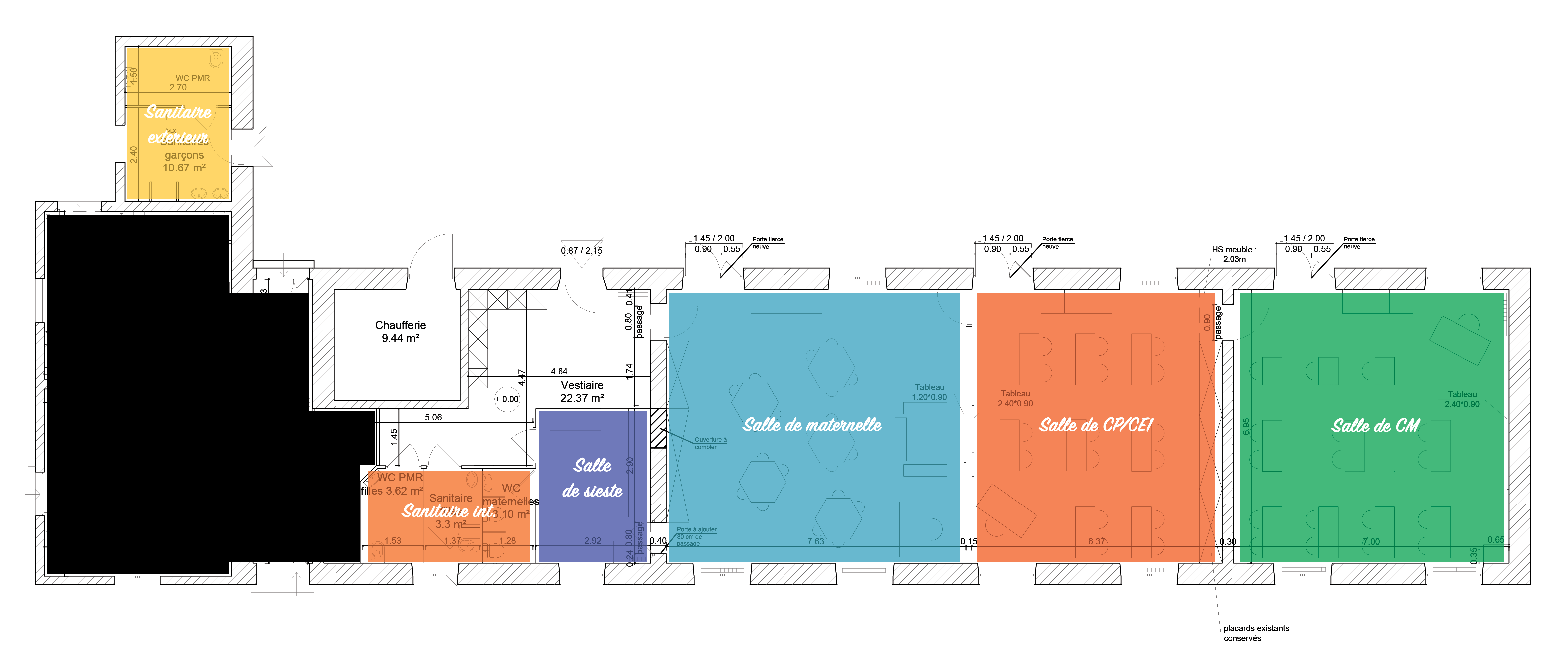 WC PMR Sanitaire exterieur garçons 10.67 1.45/2.00 Porte tierce 1.45/2.00 Porte tierce 2.00 Porte tierce 0.90 0.55 neuve neuve HS meuble 0,55 neuve 2.03m 3 Chaufferie 4.64 4 Vestiaire Tableau + 0.00 1.20*0.90 Tableau Tableau 2.40*0.90 Salle de maternelle Salle de Salle de CM Ouverture comble Salle WC PMR filles de sieste Sanitaire maternelles Sanitaire int. 10 m 3.3 m² 1,53 1.37 1,28 80 cm de 0.40 passage 015 0,65 placards existants conservés