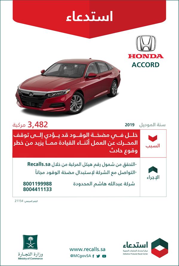 بسبب خلل قد يؤدي لوقوع حادِث.. "التجارة" تستدعى أكثر من 5 آلاف مركبة ‏‏"هوندا"‏