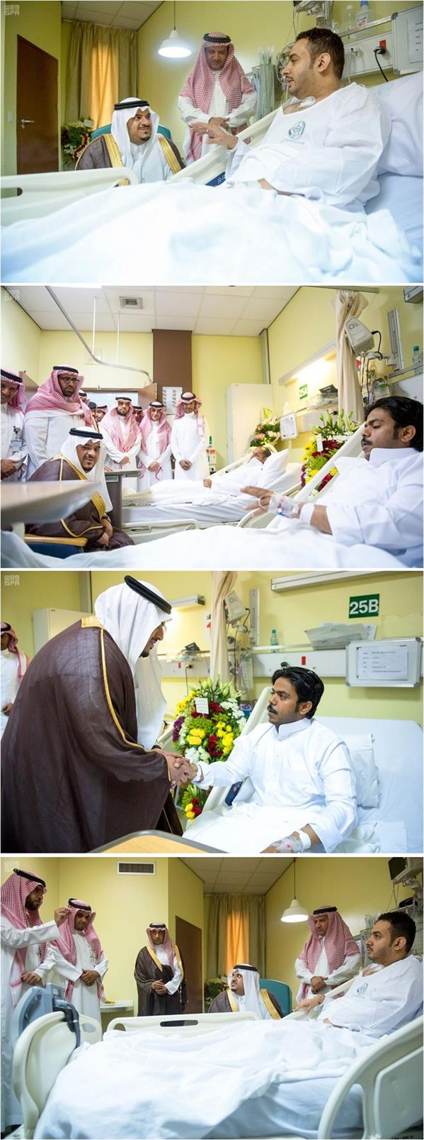  الأمير محمد بن عبدالرحمن خلال زيارته مصابي رجال الأمن في الزلفي بالمستشفى
