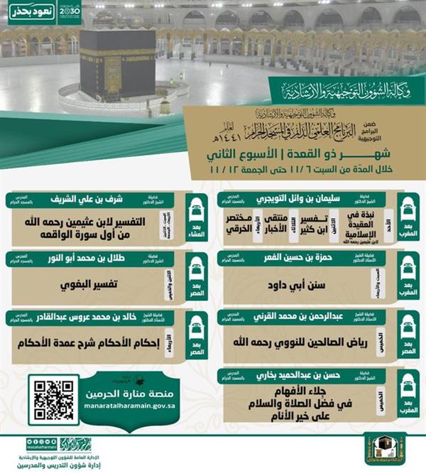 "شؤون الحرمين" تُعلن عن محاضرات البرنامج العلمي الدائم في المسجد الحرام 