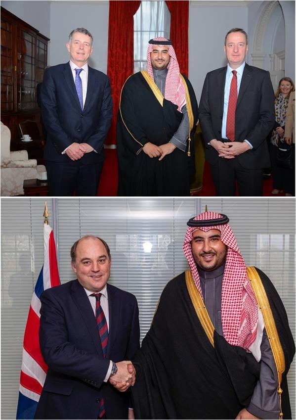 خالد بن سلمان يبحث مع وزير الدفاع البريطاني ونائب وزير الدفاع، بمستشار الأمن القومي ومستشار رئيس الوزراء للشؤون الدولية البريطاني