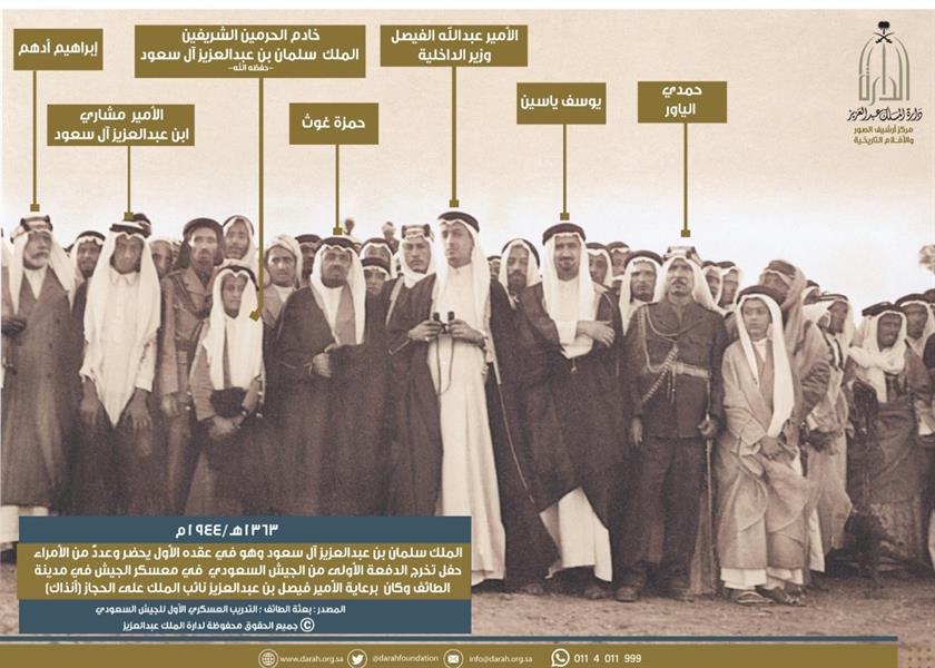 صورة نادرة لخادم الحرمين في تخريج أول دفعة من الجيش السعودي