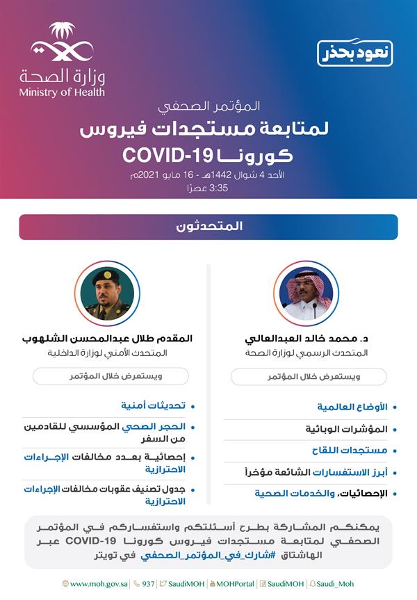 المتحدثون وأهم مواضيع المؤتمر الصحفي لمستجدات فيروس كورونا (كوفيد-19) ليوم غدٍ الأحد