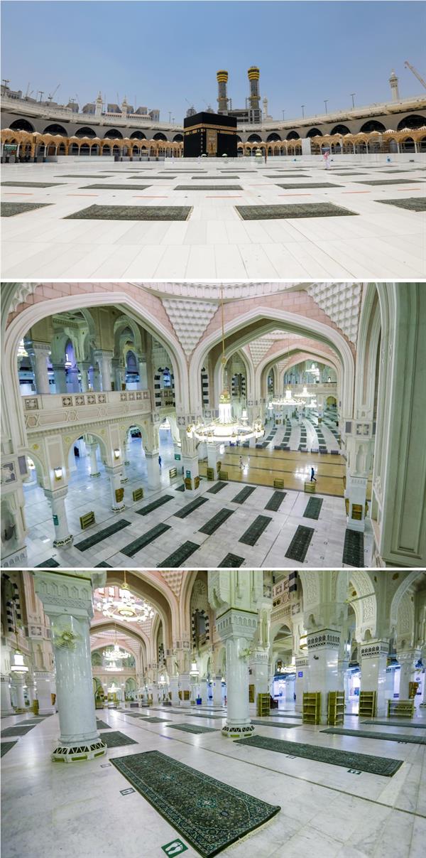 شؤون الحرمين" تعيد فرش المسجد الحرام مع مراعاة مسافات التباعد