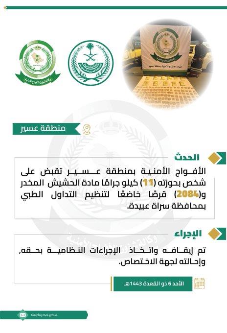 القبض على مواطن بحوزته كمية من مادة الحشيش والأقراص المخدرة بسراة عبيدة