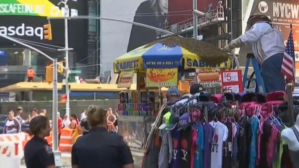 سرب من النحل يحاصر كشكاً لبيع الهوت دوغ في نيويورك سرب من النحل يحاصر كشكاً لبيع الهوت دوغ في نيويورك